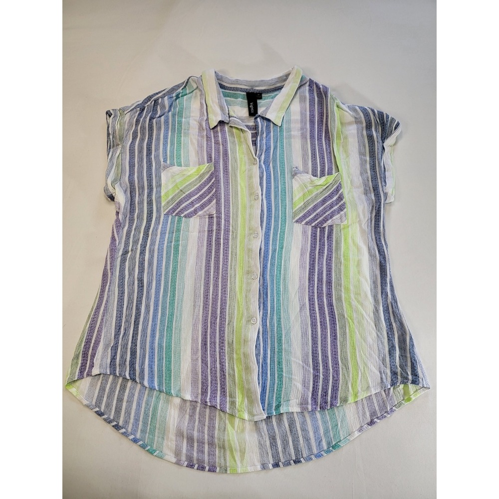 Big Hit Womens Striped Button Up Shirt Blue Green Rayon Split Back HT1266 Medium
